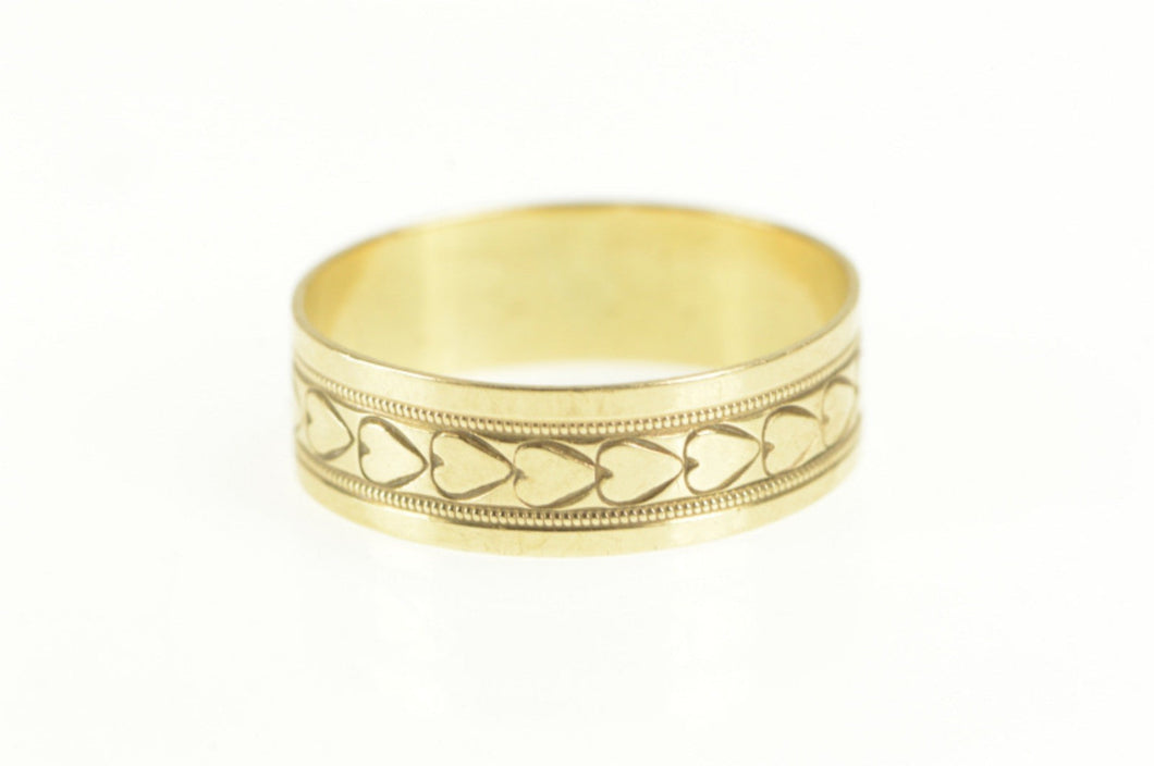 14K Art Deco Heart Pattern Ornate Band Ring Yellow Gold