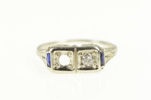 18K Art Deco Diamond Sapphire Filigree Setting Ring White Gold