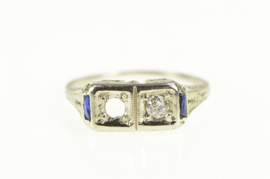 18K Art Deco Diamond Sapphire Filigree Setting Ring White Gold