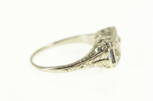 18K Art Deco Diamond Sapphire Filigree Setting Ring White Gold