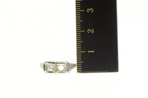 18K Art Deco Diamond Sapphire Filigree Setting Ring White Gold