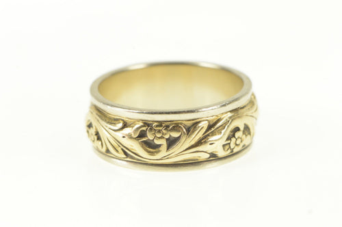 14K 7.9mm Art Deco Floral Scroll Wedding Band Ring Yellow Gold