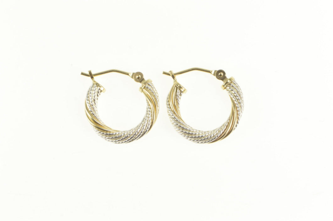 14K Two Tone Rope Pattern Twist Fancy Hoop Earrings White Gold