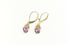 Load image into Gallery viewer, 14K Heart Amethyst Dangle Love Symbol Earrings Yellow Gold