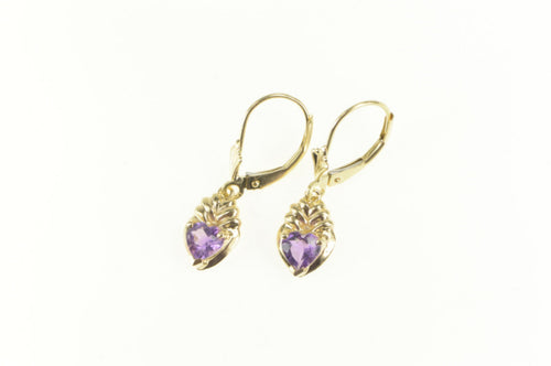 14K Heart Amethyst Dangle Love Symbol Earrings Yellow Gold