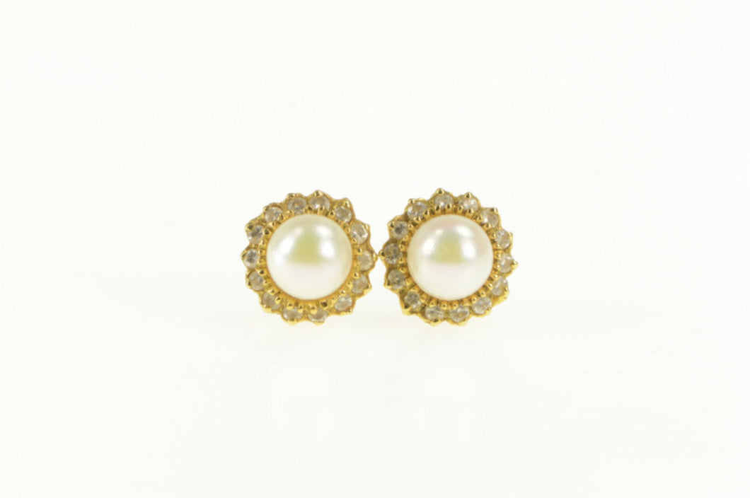 18K Pearl Diamond Halo Classic Statement Stud Earrings Yellow Gold