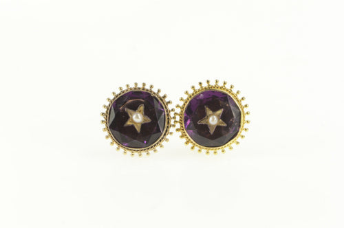14K Victorian Amethyst Seed Pearl Round Stud Earrings Yellow Gold