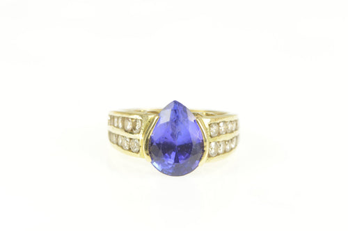 18K Pear Tanzanite Diamond Channel Accent Ring Yellow Gold