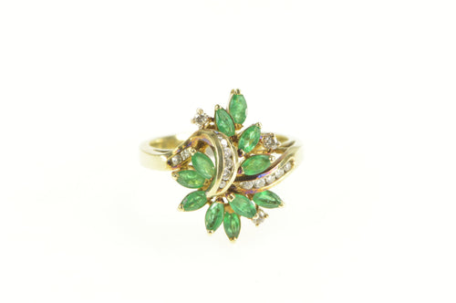 14K Marquise Natural Emerald Diamond Cluster Ring Yellow Gold