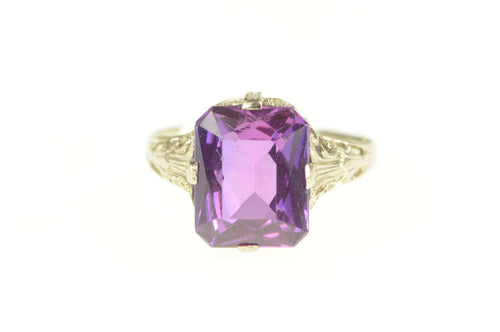 14K Art Deco Filigree Amethyst Ornate Statement Ring White Gold