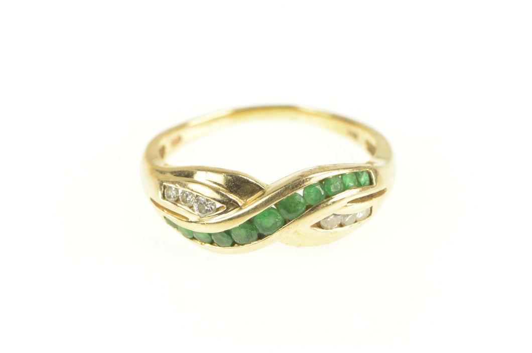 14K Emerald Diamond Wavy Criss Cross X Band Ring Yellow Gold