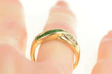 Load image into Gallery viewer, 14K Emerald Diamond Wavy Criss Cross X Band Ring Yellow Gold