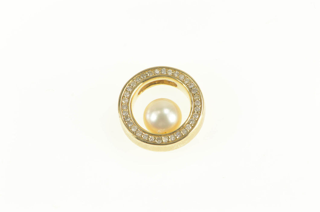 14K 7.5mm Pearl Diamond Circle Statement Pendant Yellow Gold