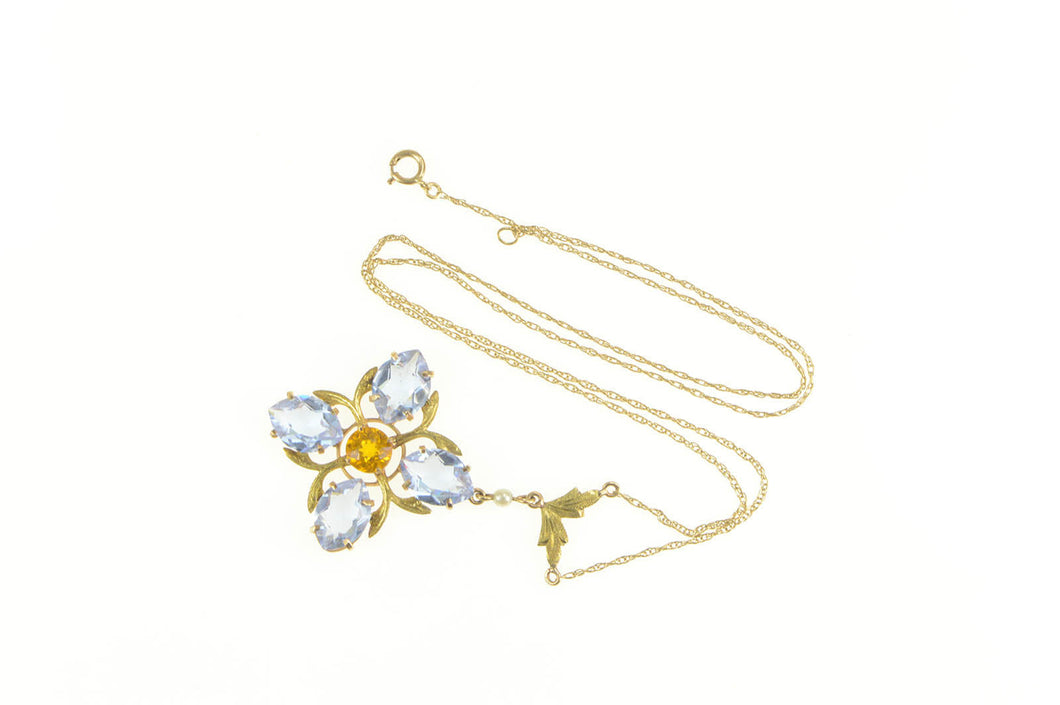 14K Victorian Syn. Sapphire Citrine Flower Necklace 16.25