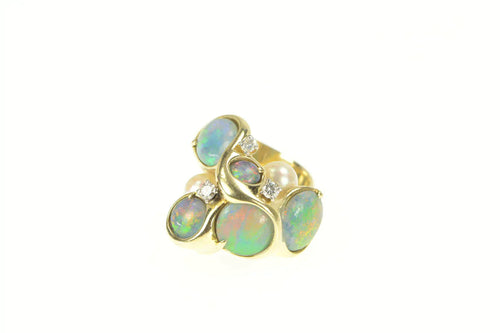 14K Opal Pearl Diamond Abstract Cluster Cocktail Ring Yellow Gold