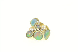 14K Opal Pearl Diamond Abstract Cluster Cocktail Ring Yellow Gold
