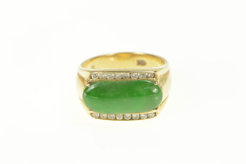 18K Retro Oval Jade Diamond Accent Ornate Ring Yellow Gold