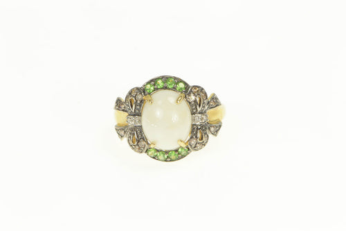 14K Oval White Cabochon Tsavorite Diamond Bow Ring Yellow Gold