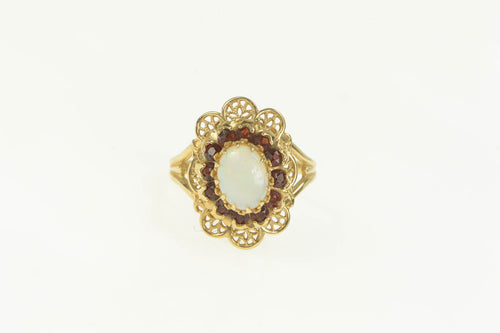 10K Oval Natural Opal Garnet Halo Filigree Statement Ring Yellow Gold