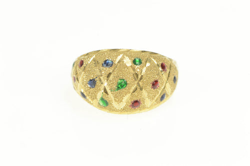 14K Textured Diamond Cut Red Blue Green Enamel Ring Yellow Gold