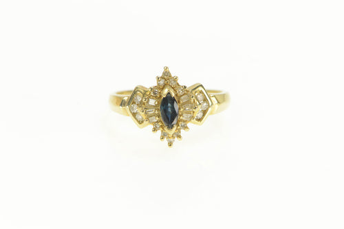 10K Marquise Blue Sapphire Diamond Halo Chevron Ring Yellow Gold