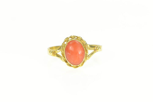 18K Cabochon Coral Bezel Set Split Shank Ring Yellow Gold