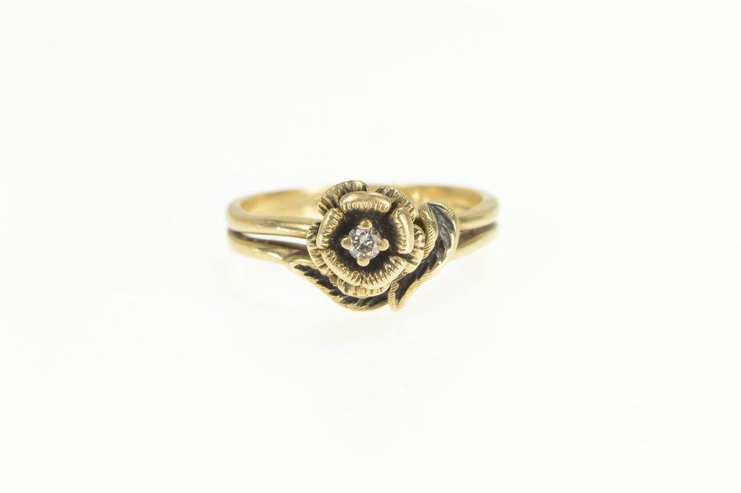 10K Floral Diamond Rose Solitaire Ring Yellow Gold