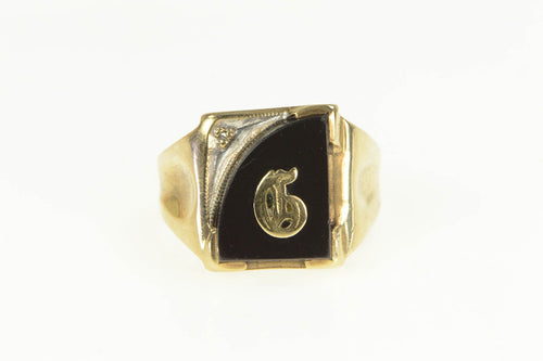 10K 1930's Onyx & Diamond Men's G Signet Ring Yellow Gold