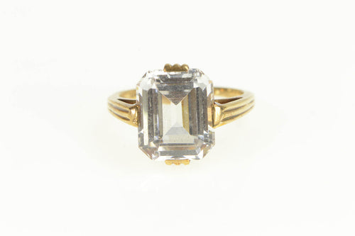 14K Emerald Cut White Topaz Cathedral Solitaire Ring Yellow Gold