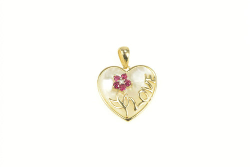 10K Mother of Pearl Heart Love Ruby Diamond Flower Pendant Yellow Gold