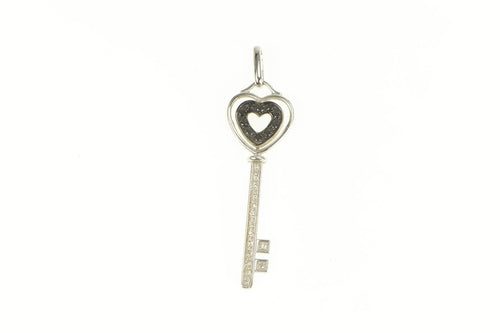 14K Black & White Diamond Heart Skeleton Key Pendant White Gold