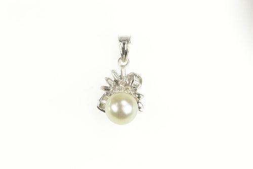 14K 1940's Pearl Diamond Cluster Statement Pendant White Gold