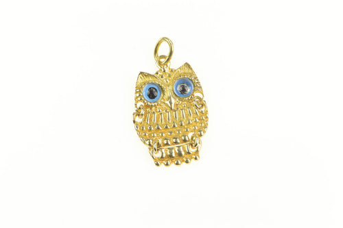 14K Blue Eyed Owl Wisdom Symbol Statement Charm/Pendant Yellow Gold