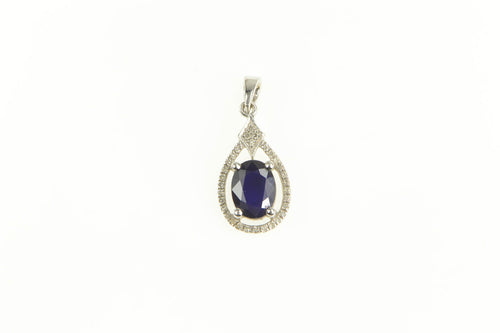 14K Sapphire Diamond Halo Classic Statement Pendant White Gold