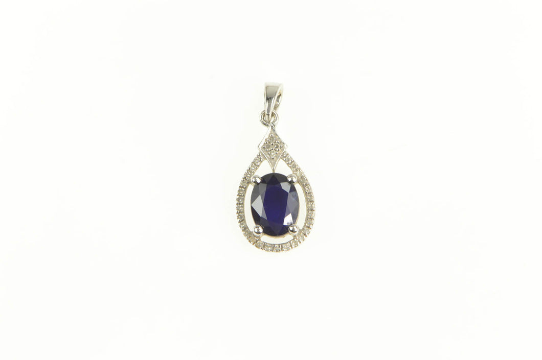 14K Sapphire Diamond Halo Classic Statement Pendant White Gold