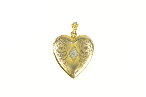 Gold Filled Victorian Floral Diamond Heart Photo Locket Pendant