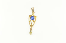 Load image into Gallery viewer, 10K Victorian Syn. Sapphire Pearl Ornate Drop Pendant Yellow Gold