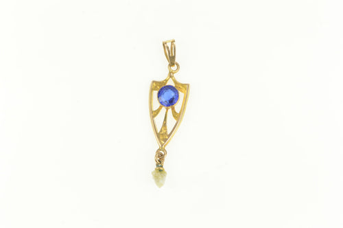 10K Victorian Syn. Sapphire Pearl Ornate Drop Pendant Yellow Gold