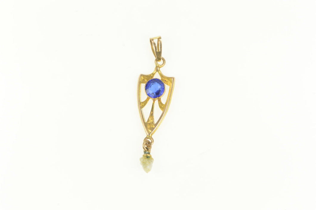 10K Victorian Syn. Sapphire Pearl Ornate Drop Pendant Yellow Gold
