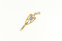 Load image into Gallery viewer, 10K Victorian Syn. Sapphire Pearl Ornate Drop Pendant Yellow Gold