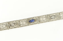 Load image into Gallery viewer, 14K Art Deco Filigree Syn. Sapphire Diamond Bracelet 6.25&quot; White Gold
