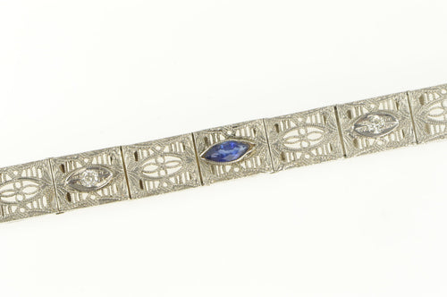 14K Art Deco Filigree Syn. Sapphire Diamond Bracelet 6.25