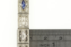14K Art Deco Filigree Syn. Sapphire Diamond Bracelet 6.25" White Gold