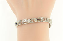 Load image into Gallery viewer, 14K Art Deco Filigree Syn. Sapphire Diamond Bracelet 6.25&quot; White Gold