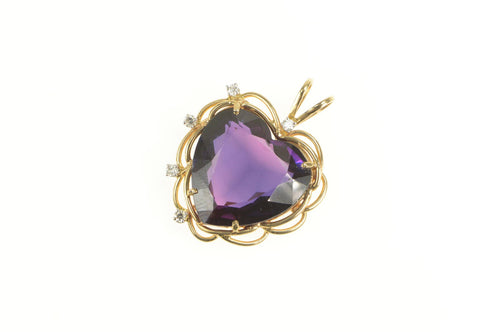 14K Victorian Heart Amethyst Diamond Scalloped Pendant Yellow Gold