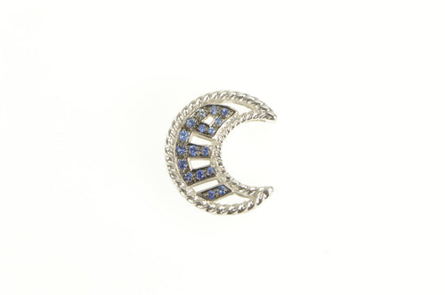 18K Sapphire Inset Crescent Moon Statement Pendant White Gold