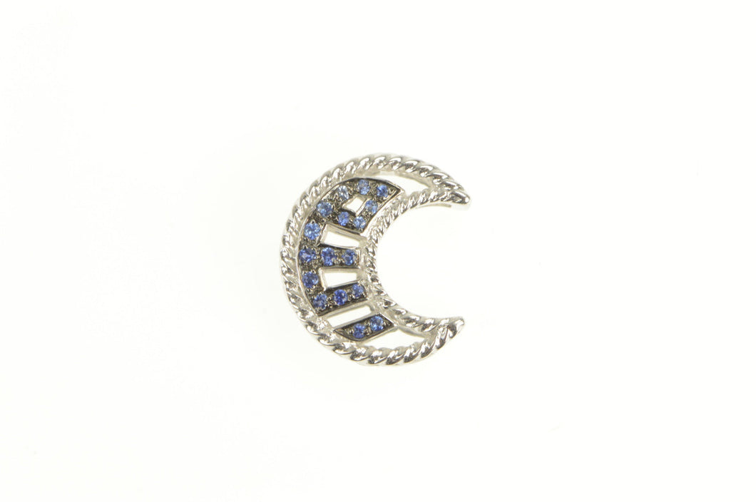 18K Sapphire Inset Crescent Moon Statement Pendant White Gold