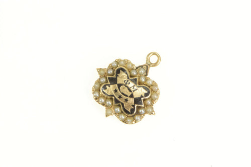10K Phi Mu Enamel Fraternity Seed Pearl Charm/Pendant Yellow Gold
