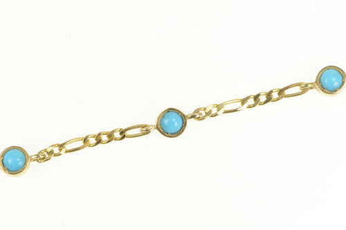 14K Turquoise Inset Figaro Chain Link Bracelet 6.25
