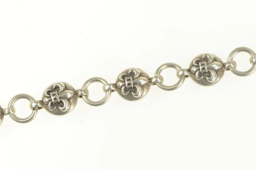 Sterling Silver Fleur De Lis Chain Link Ornate Anklet Bracelet 10.5